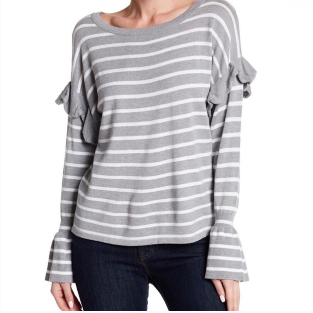 OLIVIA SKY Striped Ruffle Bell Sleeve Sweater